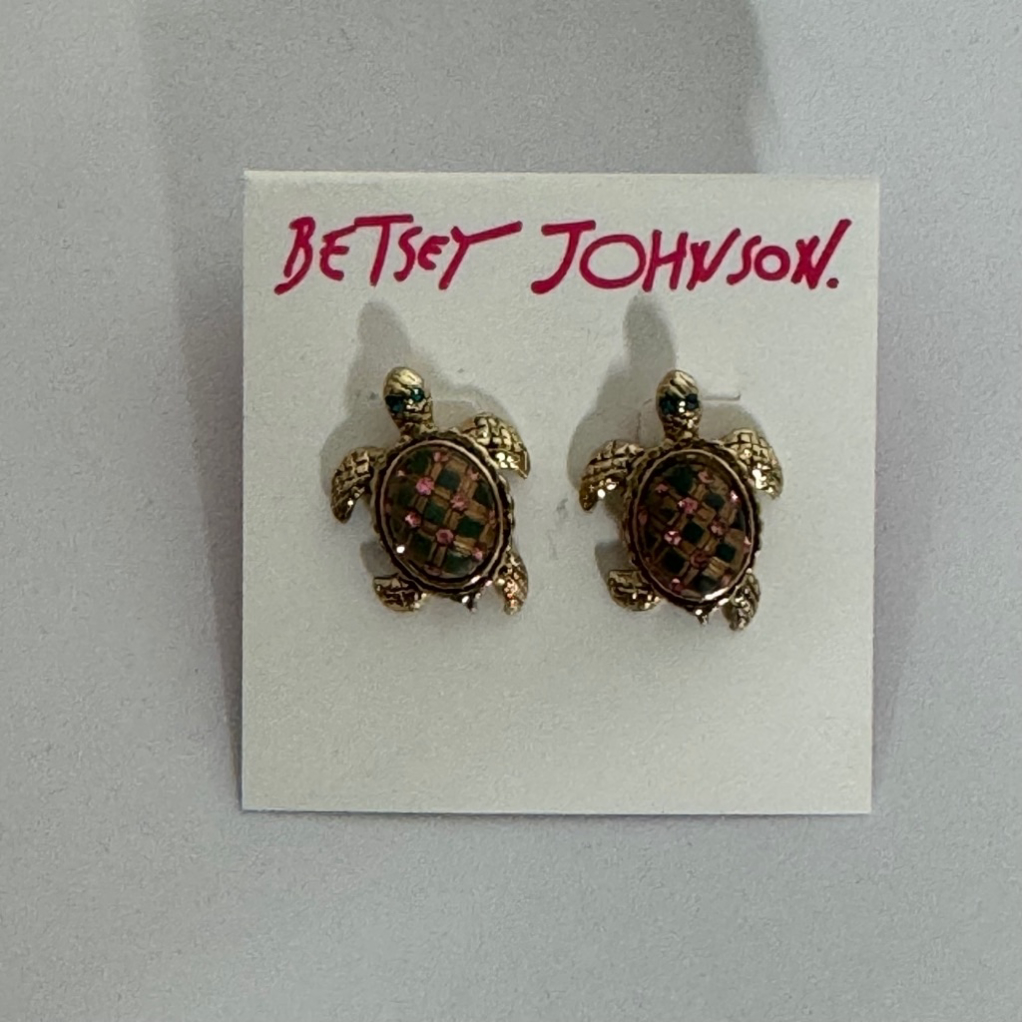 Betsey Johnson Turtle Blue Pink Rhinestone Gold Tone Post Earrings New 23$